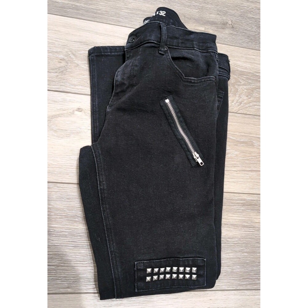 HOT TOPIC DENIM STINGER SUPER SKINNY STUDDED W/ZIPPERS 34x32(34X29) BLACK  EUC